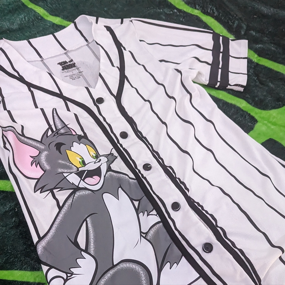 Tom and Jerry's baseball style button up with graphics on front and back.